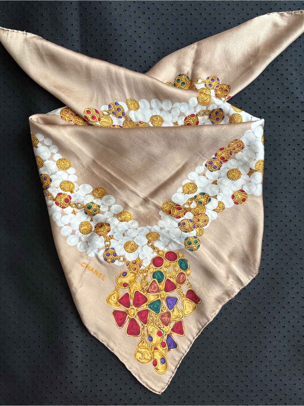 Chanel Vintage Silk Scarf Beige and White Pearl and Jewel Print - Picture 2 of 9
